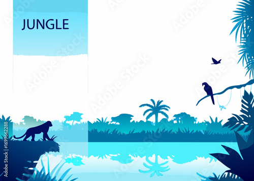 Serene jungle landscape with silhouette animals and tropical flora