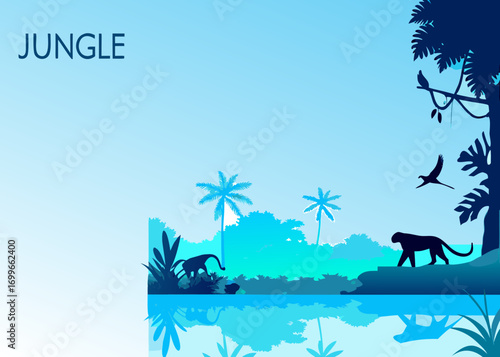 Blue jungle landscape with silhouettes of animals and trees