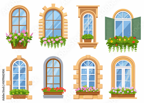 Collection of eight decorative windows with flower boxes and shutters