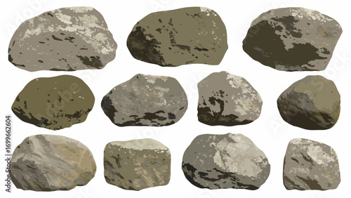 Collection of realistic textured rocks isolated on white background