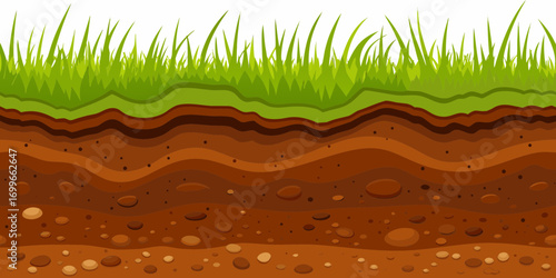 Cross section of soil layers with green grass on top