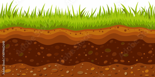 Cross section of green grass and soil layers with rocks