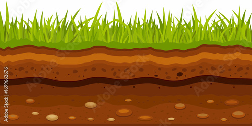 Cross section of soil layers with green grass on top