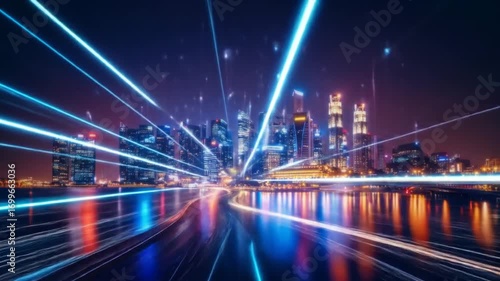 Futuristic Cityscape at Night with Light Trails and Digital Connections