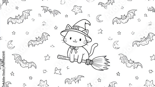 Cute black-and-white Halloween-themed illustration