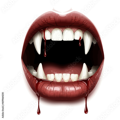 Bloody vampire mouth with sharp fangs and dripping blood for halloween horror themes vector