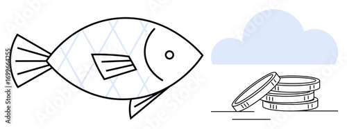 Fish with minimalistic design beside three stacked coins under a cloud. Ideal for concepts thumbs up fishing industry, economy, sustainability, aquaculture, commerce, finance, marine environment