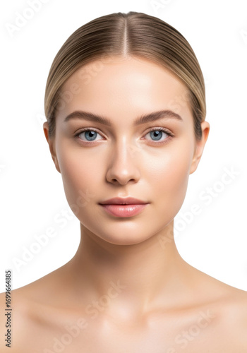 A beautiful young caucasian woman, early 20s, blonde hair pulled back, clear blue eyes, smooth radiant bare skin under soft diffused studio light, white background. Concept for skincare advertising