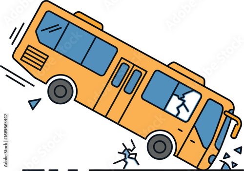 Illustration of a bus accident, with a yellow bus and broken glass