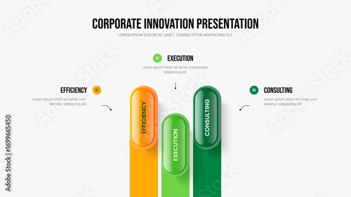 Business Overview Frame Template Vector Illustration. Company Visualization Three Option Diagram Slide Layout. Consulting Development 3 Element Infographic Presentation Design.