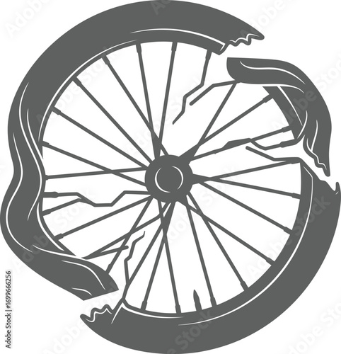 A broken bicycle wheel is shown with damaged spokes and a flat tire