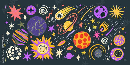 Whimsical hand drawn space illustration with planets stars and comets in vibrant colors