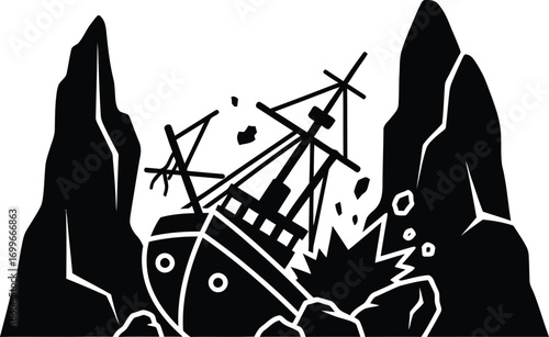 Monochrome illustration of shipwreck between rocks, symbolizing disaster and danger