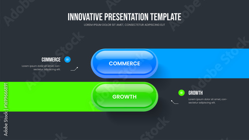 Digital Proposal Two Option Diagram Frame Layout. Consulting Overview Slide Template Vector Illustration. Market Introduction 2 Step Infographic Presentation Design.