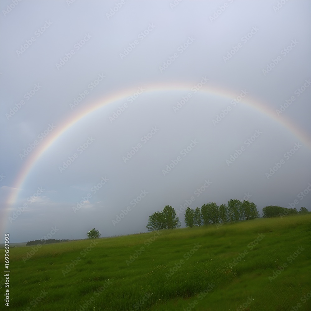 Fototapeta premium Bright rainbow appearing above a quiet meadow after rainfall.