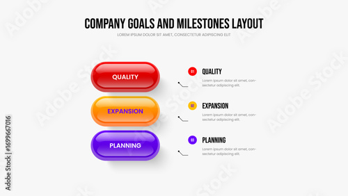 Advertising Introduction 3 Step Diagram Presentation Template. Modern Development Slide Layout Vector Illustration. Enterprise Plan Three Element Infographic Frame Design.