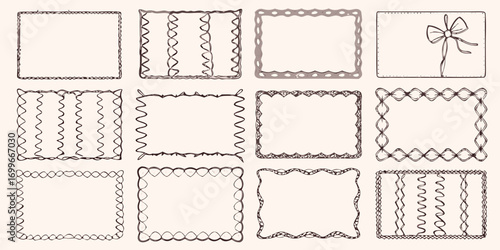 Collection of twelve hand drawn decorative rectangular frames and borders with unique wavy and geometric patterns