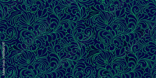 Elegant navy blue background with a seamless repeating pattern of vibrant green floral swirls and flourishes