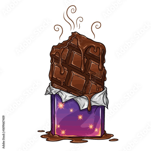 Decadent chocolate bar dessert with steaming hot fudge and glistening wrapper vector