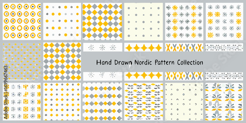Collection of hand drawn nordic inspired geometric and floral patterns in yellow gray and white