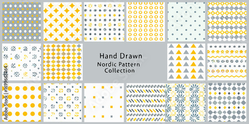 Collection of hand drawn nordic style seamless patterns in yellow gray and white