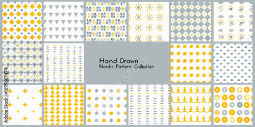 Collection of hand drawn nordic style seamless patterns in yellow and gray colors