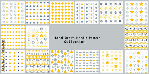Collection of hand drawn nordic style seamless patterns with geometric shapes and floral motifs