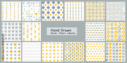 Collection of hand drawn seamless patterns in a minimalist nordic style with yellow and grey accents