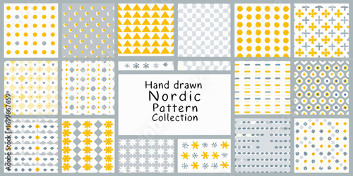 Collection of hand drawn nordic style geometric patterns in yellow grey and white
