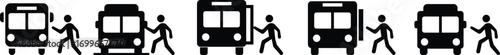 Bus with Passenger Icon Set, Collection, and Group Featuring Public Transport, Travel, Commuting, Tour, Vehicle, People, Journey, Urban Transit, and Transportation Symbols in Modern Vector Style
