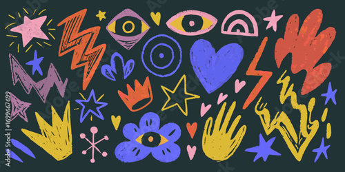 Abstract hand drawn doodle elements including stars hearts eyes lightning bolts and flowers on dark background