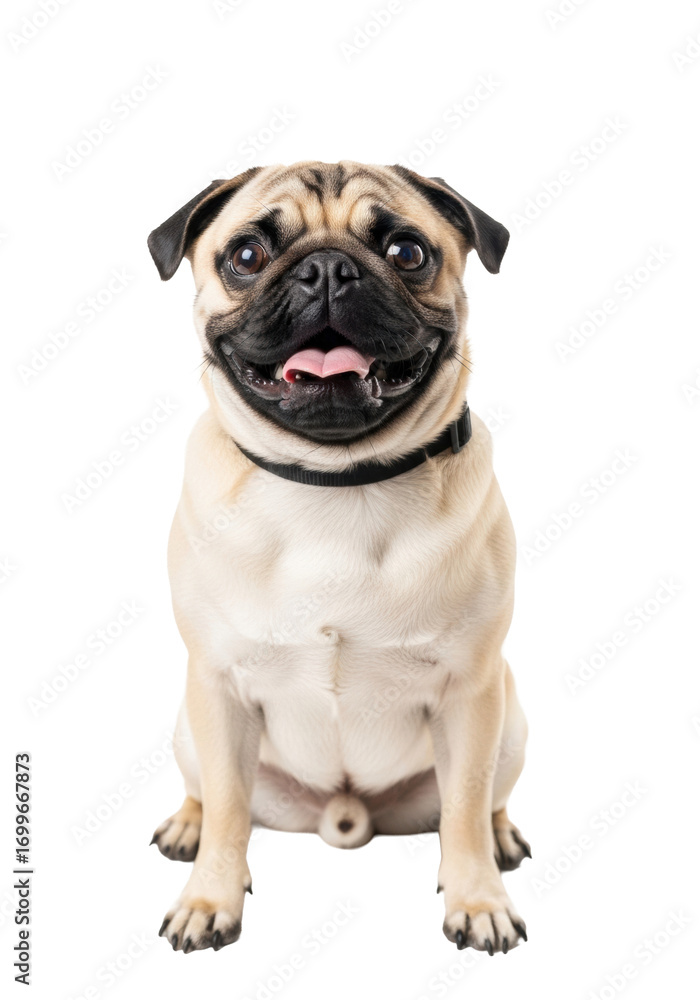Fototapeta premium Young fawn pug, black muzzle, collar, bright eyes, tongue peeking, joyful smile, white studio background, copy space, Pet joy and companionship concept