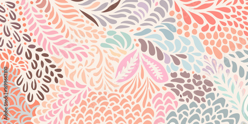 Abstract organic floral pattern with soft pastel colors and a whimsical hand drawn feel