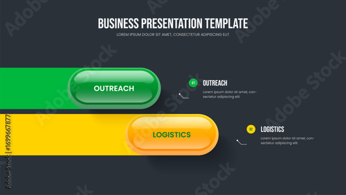 Modern Innovation Two Option Infographic Presentation Layout. Financial Overview 2 Step Diagram Frame Design. Service Showcase Slideshow Template Vector Illustration.