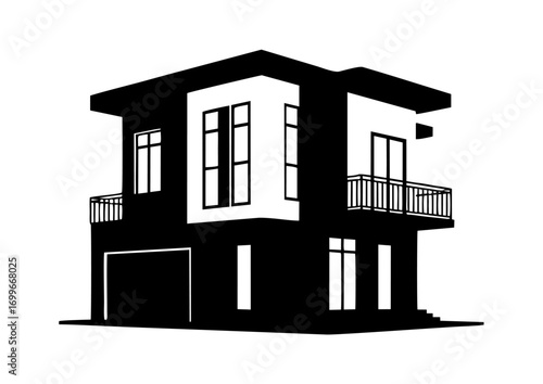 Modern Two-Story House Silhouette Architectural Design and Home Exterior,  