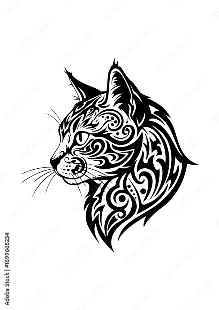 Obraz premium Striking Black and White Cat Portrait in Detailed Tribal Style, an Exemplary Vector Art Piece showcasing Unique Artistic Vision and Intricate Design Flow