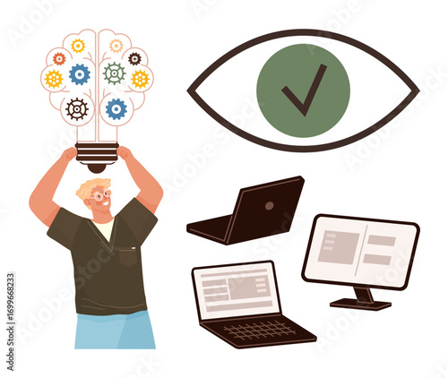 Human holding a bulb with interlocking gears, laptops, monitor, and a checkmark inside an eye. Ideal for creativity, problem-solving, technology, innovation, validation productivity simple flat