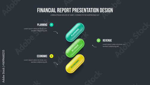 Modern Overview Three Option Diagram Slideshow Template. Corporate Planning Slide Design Vector Illustration. Investor Plan 3 Element Infographic Frame Layout.