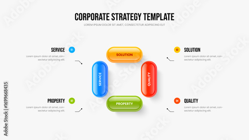 Professional Innovation Four Element Infographic Frame Design. Company Performance Slideshow Layout Vector Illustration. Consulting Visualization 4 Option Diagram Presentation Template.