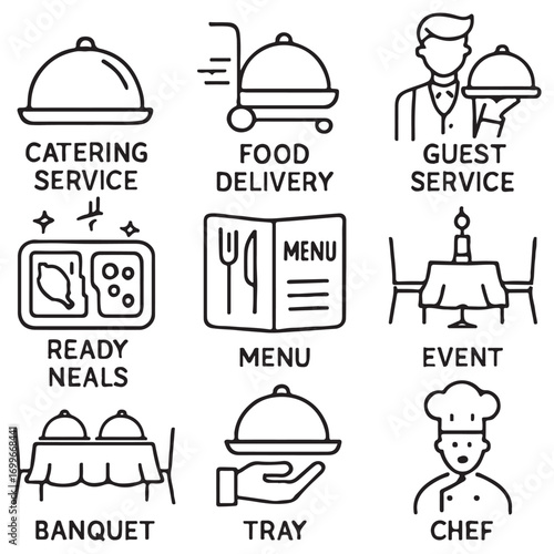 Catering line icon set. Catering service, food, delivery of ready meals, guest service, menu for event, banquet vector