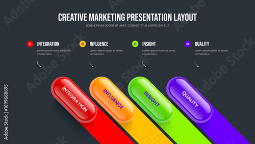 Project Campaign 4 Step Infographic Slideshow Template. Product Plan Four Element Diagram Presentation Layout. Consulting Review Slide Design Vector Illustration.