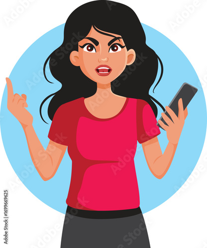 Angry Woman Receiving a Text Message Responding Vector Illustration. Furious enraged lady making a flipping gesture receiving hate online