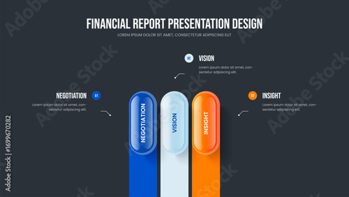 Business Analysis Three Element Diagram Slideshow Layout. Creative Development Slide Design Vector Illustration. Sales Strategy 3 Step Infographic Presentation Template.