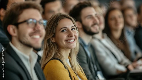 Happy young woman smiling at business seminar with diverse audience