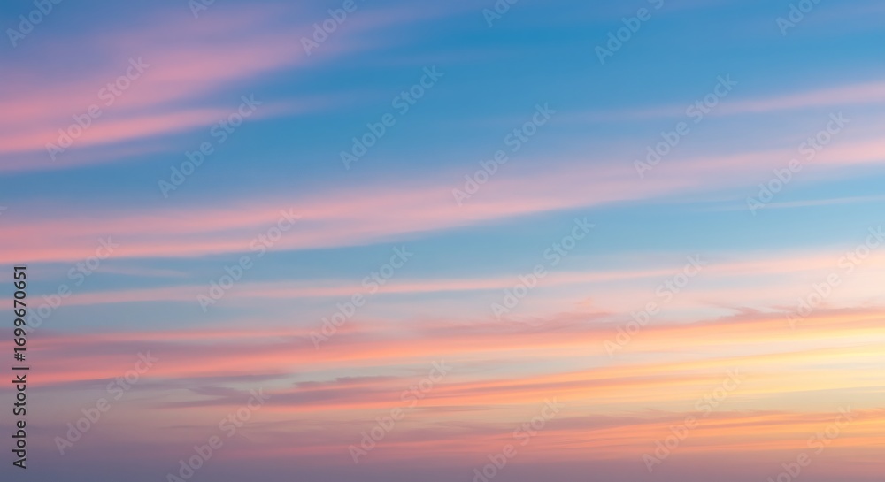 Obraz premium Celestial canvas of a gentle sunrise, with soft pink and yellow clouds painting the serene blue sky at dawn