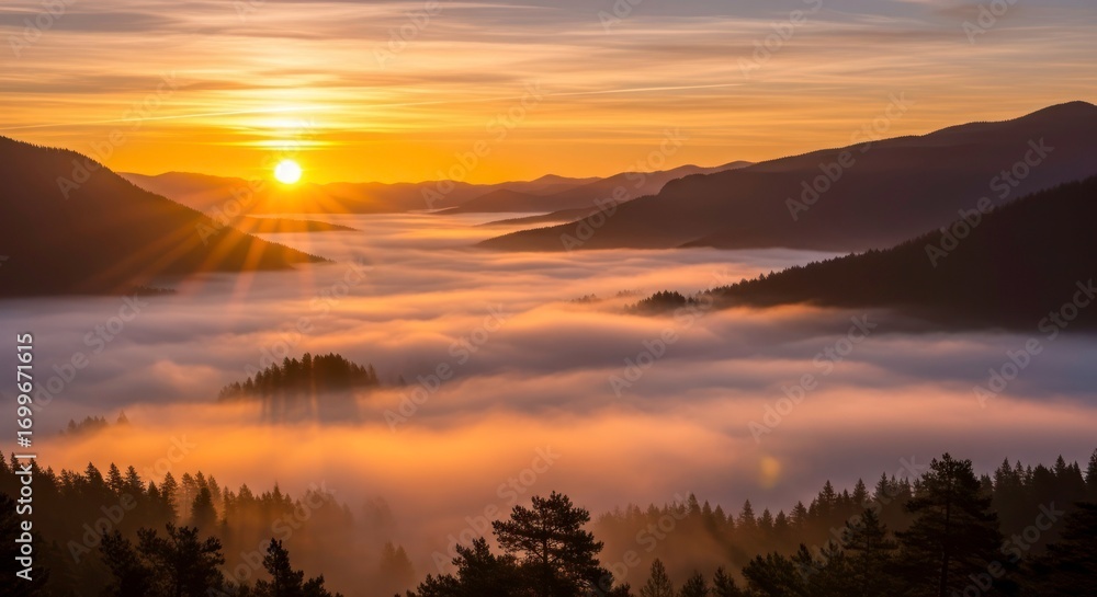 Obraz premium Golden Sunrise Over Misty Mountain Valley with Silhouetted Pine Forests