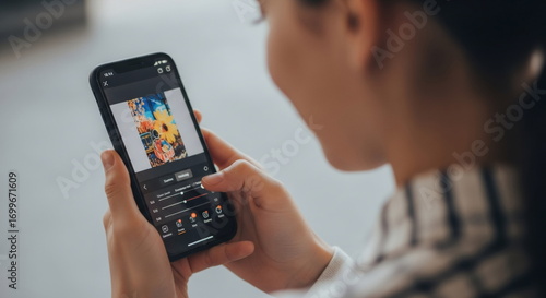 A person using an iPhone to edit a photo, with a colorful flower image on the screen.