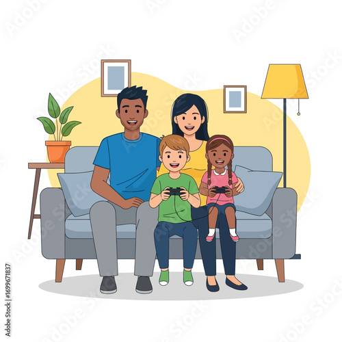 Happy diverse family playing video games together at home on the couch