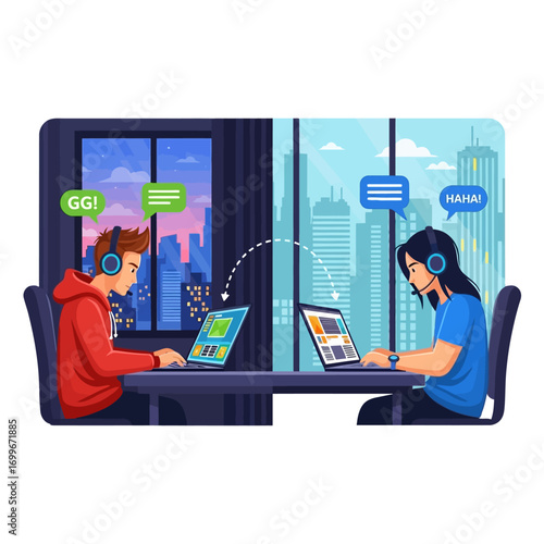 Two young gamers connecting and communicating online while playing a video game from different locations