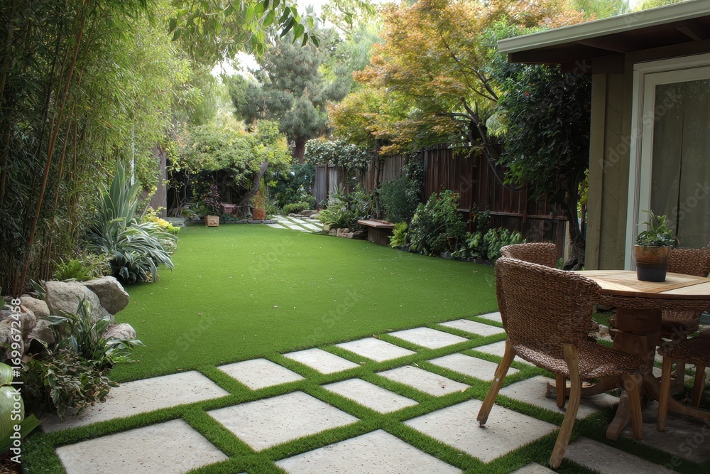 Fototapeta premium Turf Patio. Backyard Garden with Paver Patio and Artificial Grass